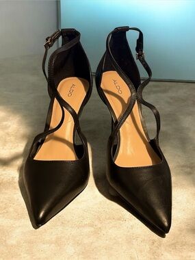 ALDO Black Pointed-Toe Strappy Ankle-Heel Pumps